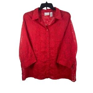 Alfred Dunner Red Floral Semi Sheer 3/4 Sleeve Button Up 24W Top